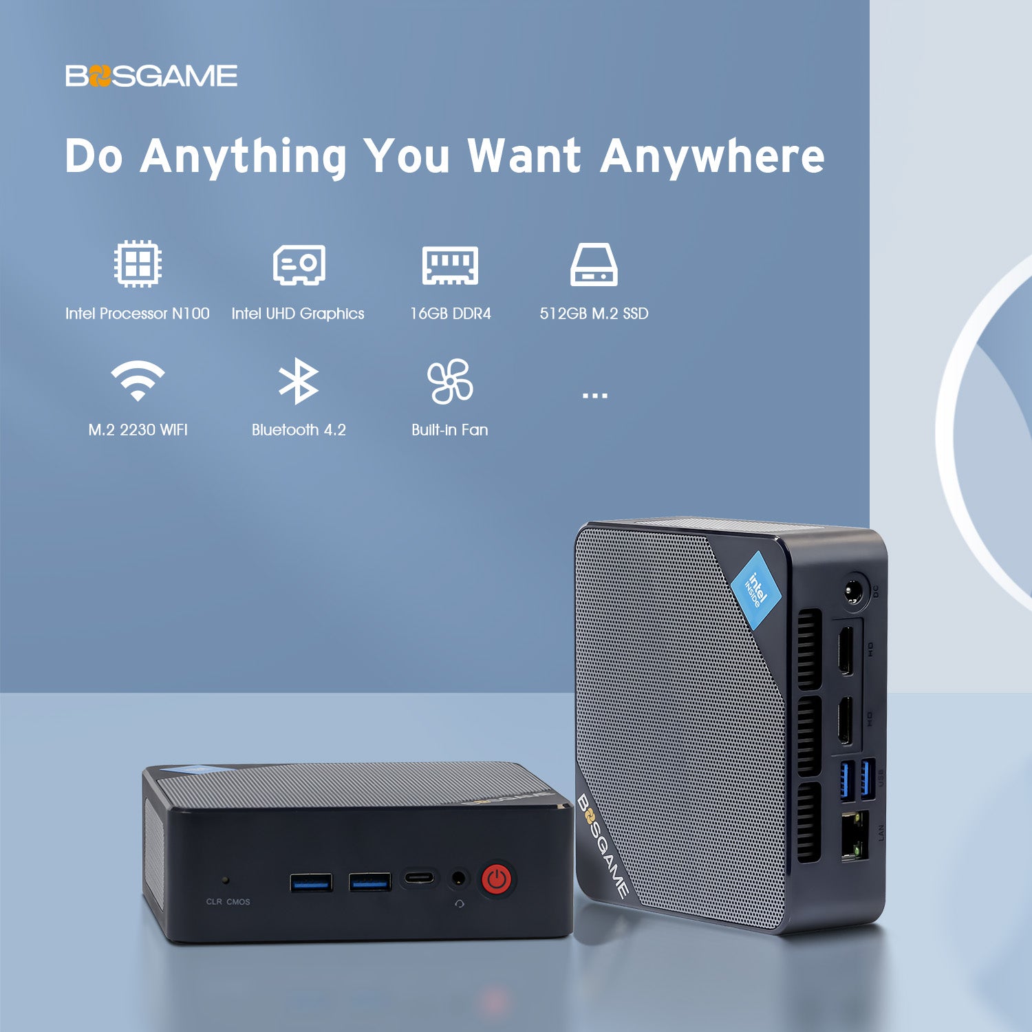 BOSGAME Mini PC B100, Intel 12th Gen Alder Lake N100, Full-feathured USB-C Port