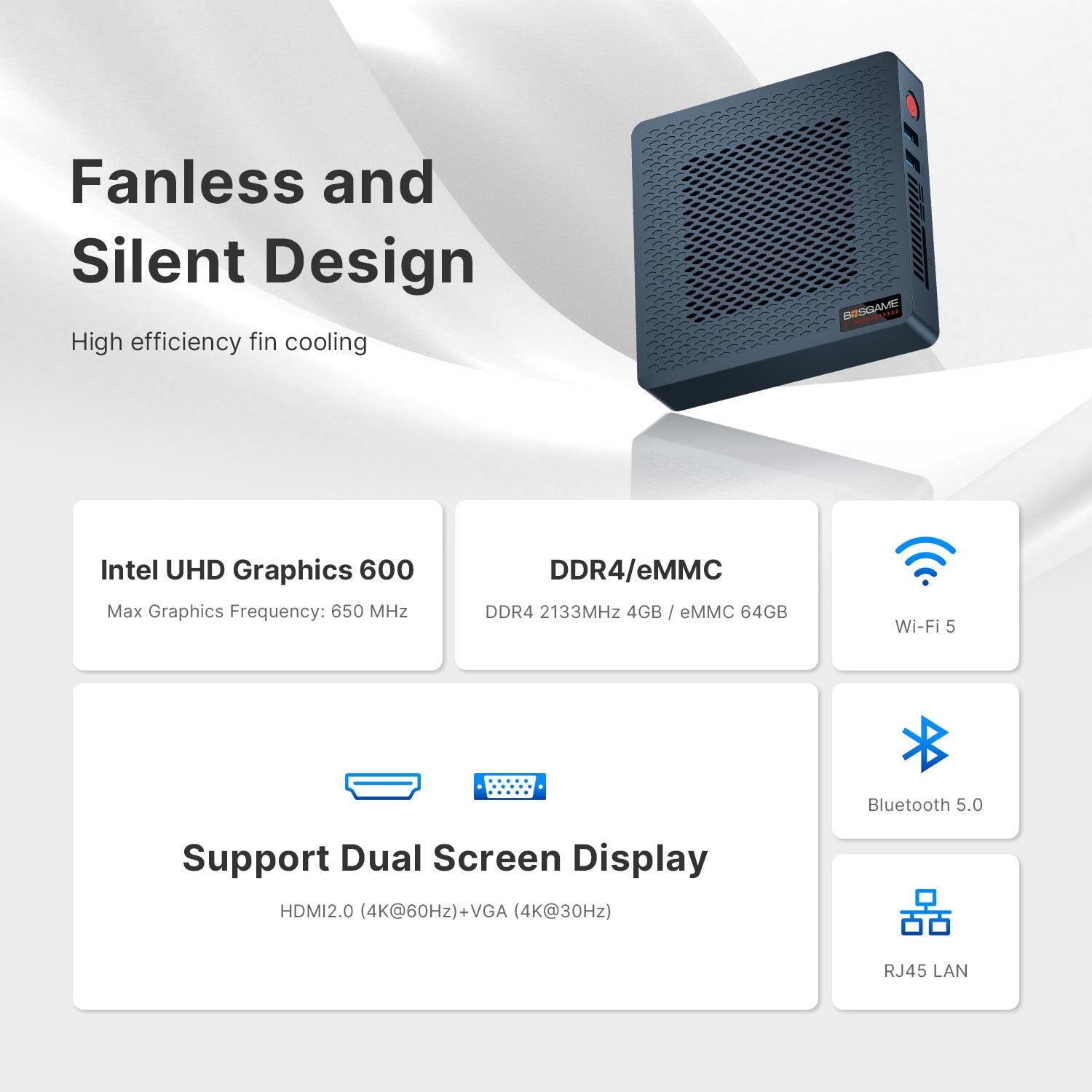BOSGAME Fanless Mini PC AG40, Intel Celeron Processor N4020,Intel® UHD Graphics 600,4GB DDR4 2133Mhz (On Board)