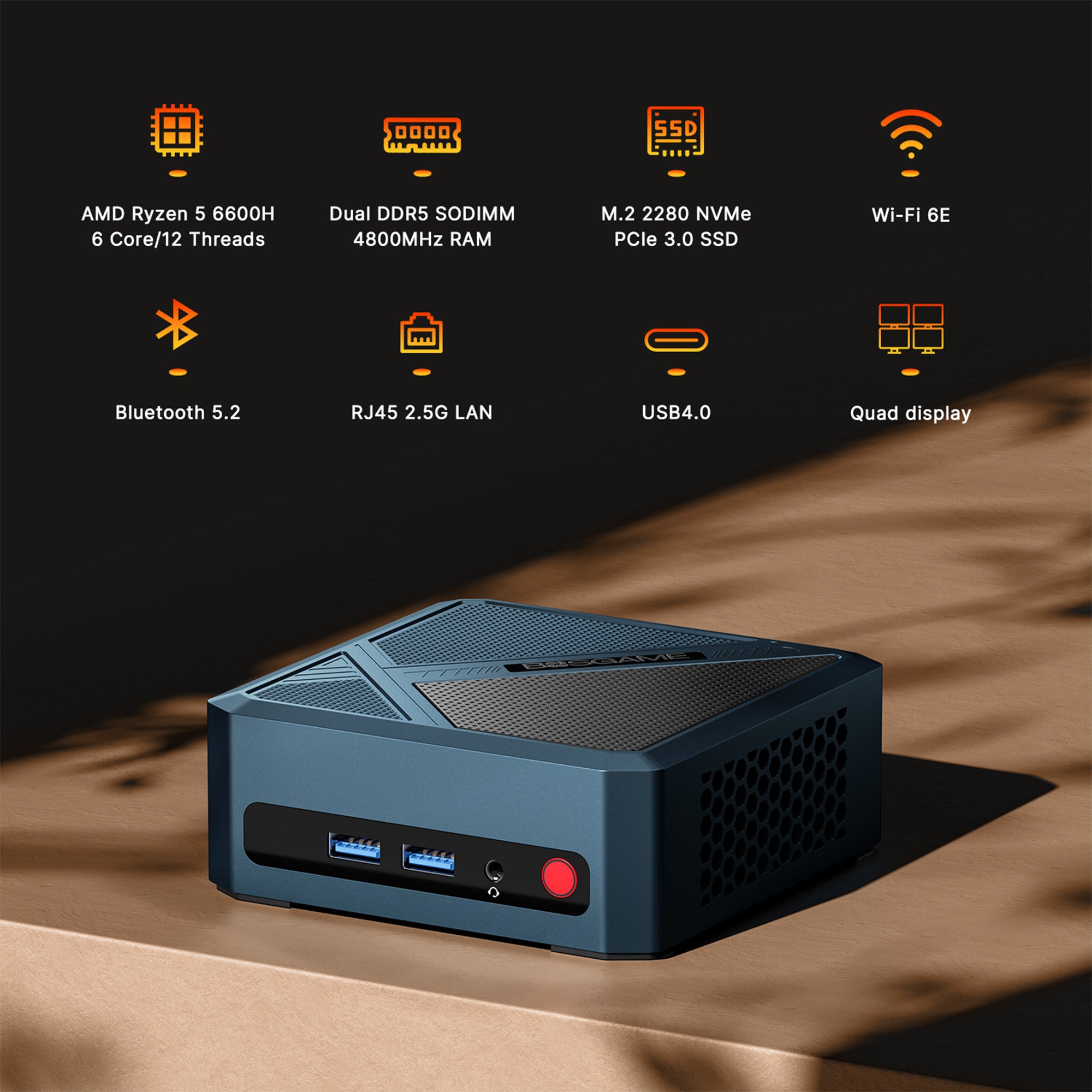 BOSGAME Mini PC P5 AMD Ryzen 5 6600H, 16GB DDR4 512GB PCIe 3.0 x4 SSD