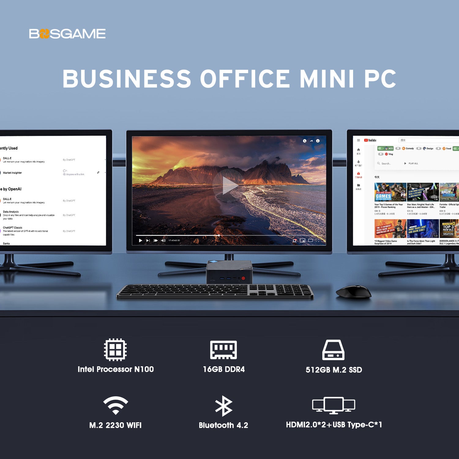 BOSGAME Mini PC B100, Intel 12th Gen Alder Lake N100, Full-feathured USB-C Port