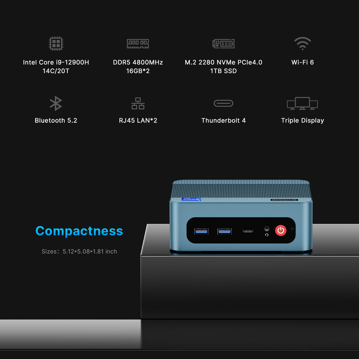 BOSGAME Intel Mini PC P2Pro,  Intel Core-i9 12900H 32GB DDR4 1TB SSD Thundernblot 4 Mini PC Daul NIC PC